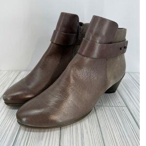 Ecco Women's Sculptured Brown Ankle Boots Leather Block Heel Zip Up Shoes Sz 7.5